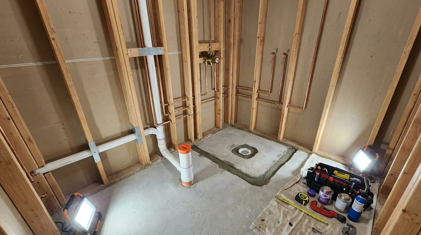 Bathroom rough-in plumbing during remodel by Johns Plumbing LLC in Langley
