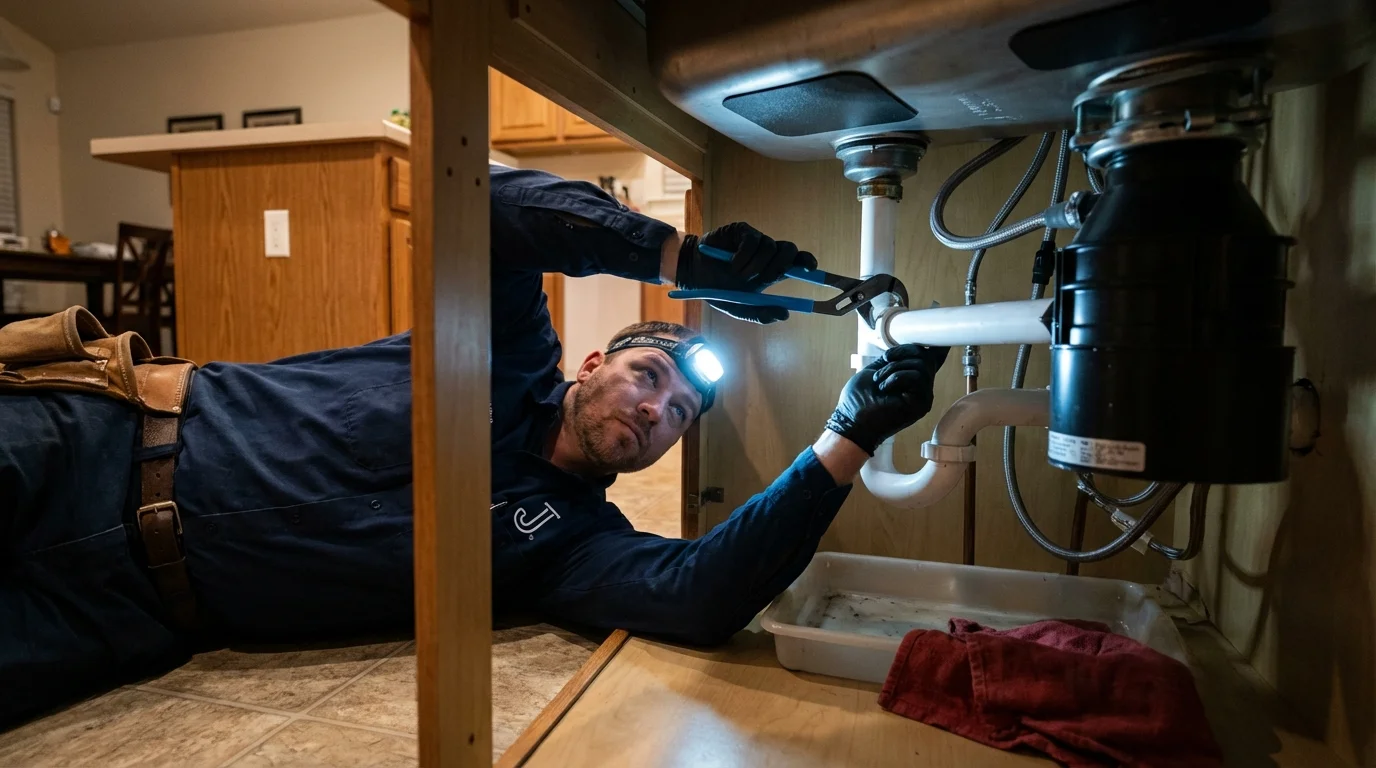 P-trap and supply line connections under a kitchen sink showing a common leak point in Langley, SC